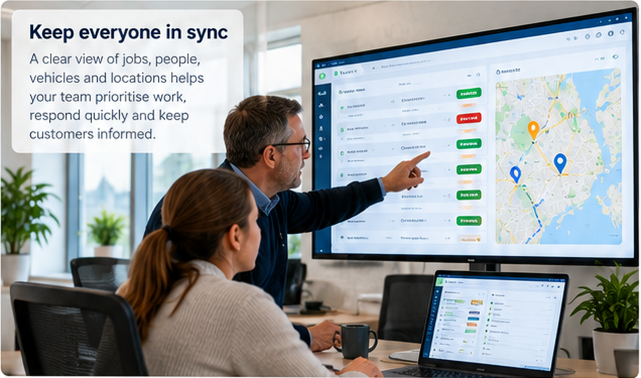 An operations team coordinating jobs from a back-office dashboard.